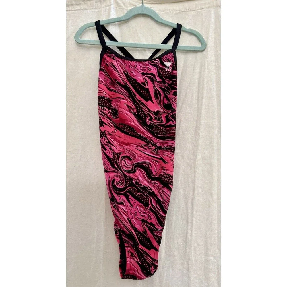 TYR Size 34 Pink Black Marble Open Back One Piece Swimsuit Training Competition